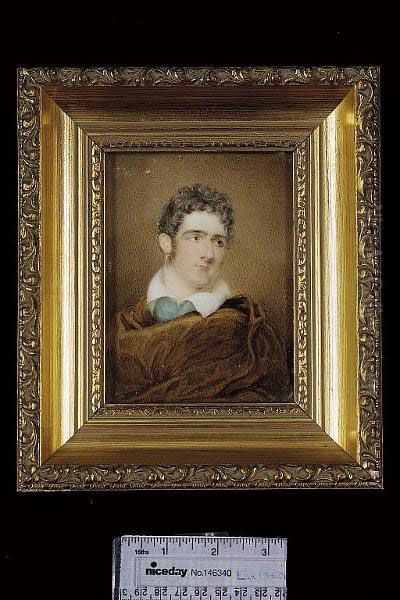 A Gentleman, Probably A Poet, Wearing Byronic Costume Of Brown Cloak Over A Pale Green Tunic And White Shirt Oil Painting by James Holmes