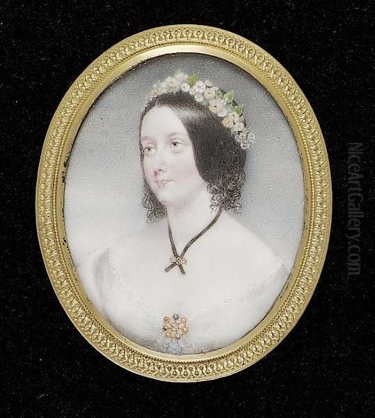 Geraldine Perceval, Wearing White Dress With Brooch At Her Corsage, Black Ribbon Held With A Gold Slide And Garland Of Flowers In Her Dark Hair Oil Painting by James Holmes Junior