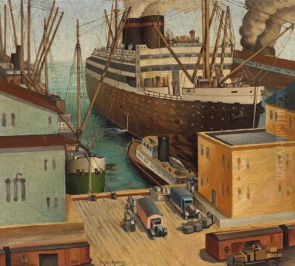 Docked Ships, Thought To Be Sanfrancisco Oil Painting by Miles Emil Holmes