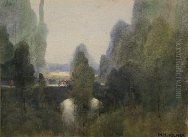 River Landscape With Figures On A Bridge Oil Painting by William Henry Holmes