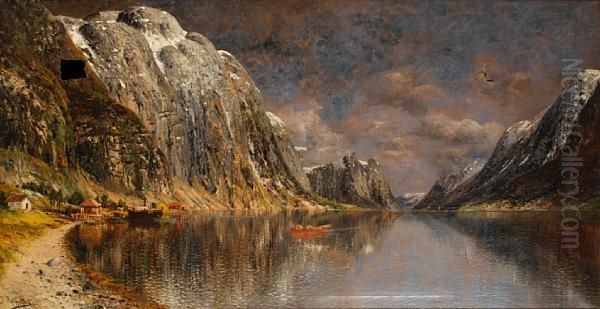 An Extensive Fjord Landscape With Figures In Aboat Oil Painting by Johann Holmstedt