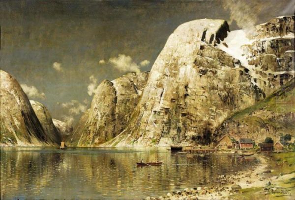 Roendes Pa En Fjord (rowing On A Fjord) Oil Painting by Johann Holmstedt