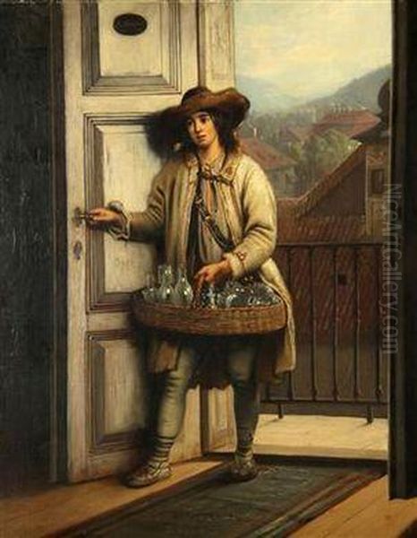 A Young Glass Vendor Oil Painting by Antonin Holperl