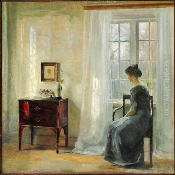 Interior With A Woman Sitting At The Window In A Sunlit Room Oil Painting by Carl Vilhelm Holsoe