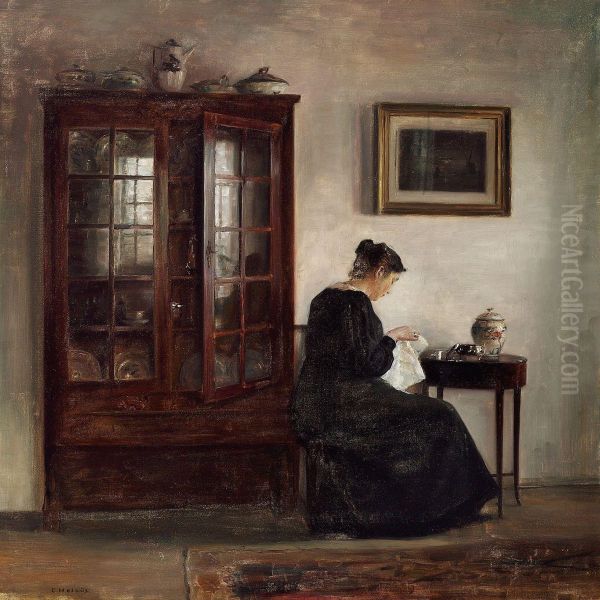 Interior With A Woman At Her Needlework Oil Painting by Carl Vilhelm Holsoe