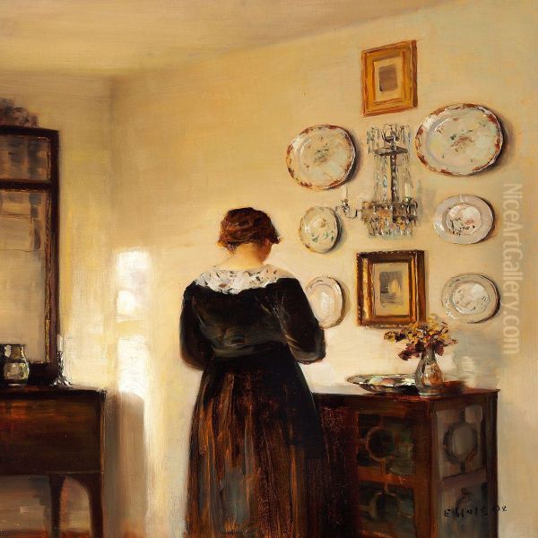 Interior With The Painter's Wife In Their Home Oil Painting by Carl Vilhelm Holsoe