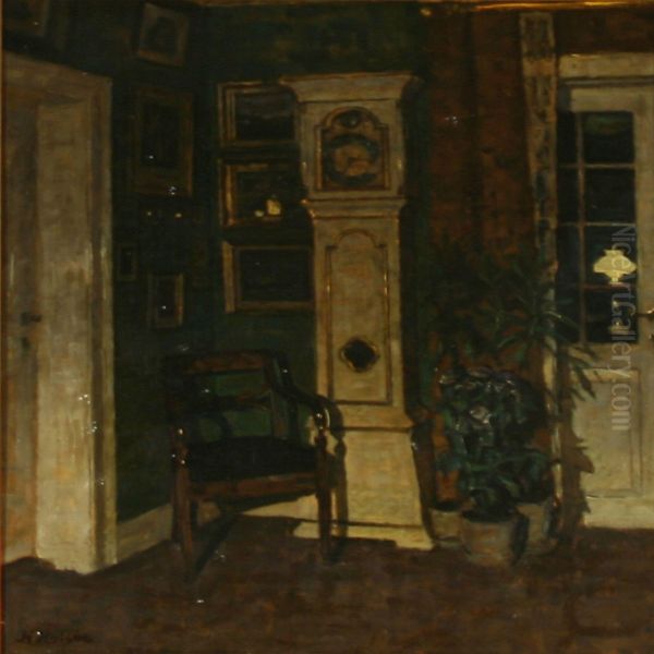 Interior With A Grandfather Clock Oil Painting by Niels Holsoe