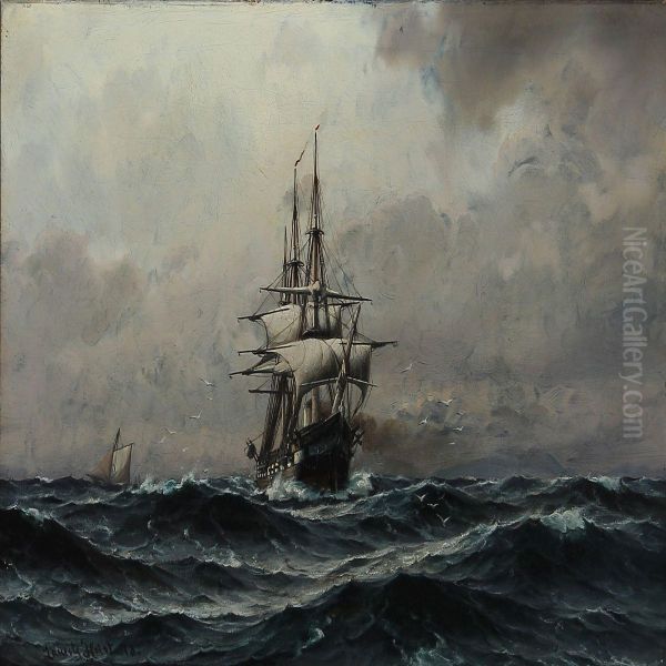 Seascape With A Sailing Ship In High Waves Oil Painting by Lauritz B. Holst