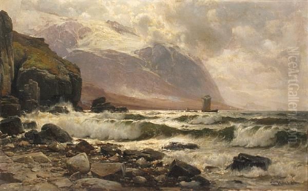 Rocky Coastal Landscape Oil Painting by Lauritz B. Holst