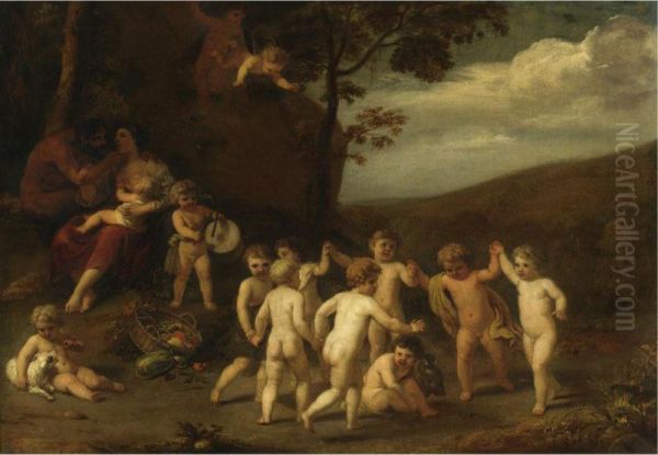 Putti Making Music And Dancing In A Landscape Oil Painting by Cornelis Holsteyn