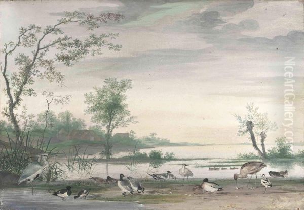 Herons, Ducks And Other Waterfowl In A River Landscape Oil Painting by Pieter the Younger Holsteyn