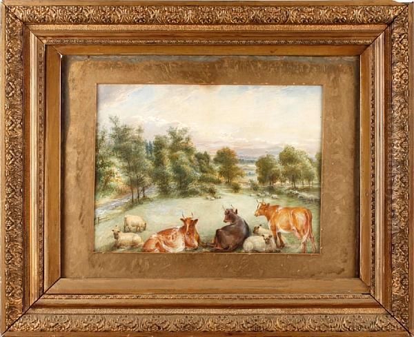 Cattle And Sheep In An Extensivelandscape Oil Painting by Edwin Frederick Holt