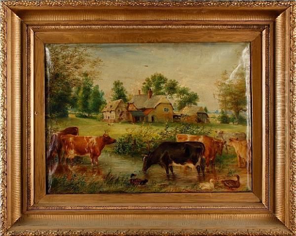 Cattle Watering Before A Farmstead Oil Painting by Edwin Frederick Holt