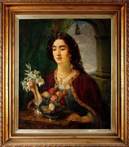 Lady Arranging Flowers In An Elegant Interior Oil Painting by Edwin Frederick Holt