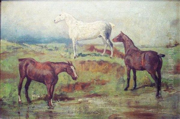 Three Horses In A Landscape Oil Painting by Edwin Frederick Holt