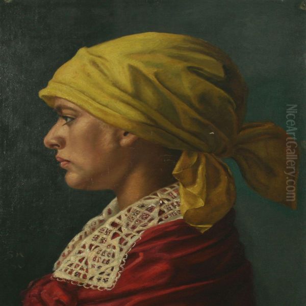 Portrait Of A Woman With Yellowscarf Oil Painting by Sofie Holten