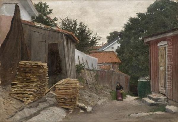 Woman Walking In Asmall Town Oil Painting by Wilhelm Holter