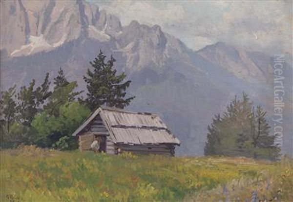 Mountain Hut On The Waucha Alm, Krain Oil Painting by Georg Holub