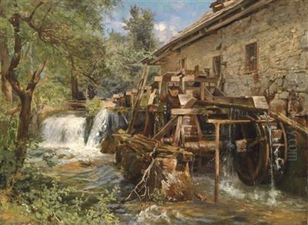 Mill At A Stream Bank Oil Painting by Georg Holub