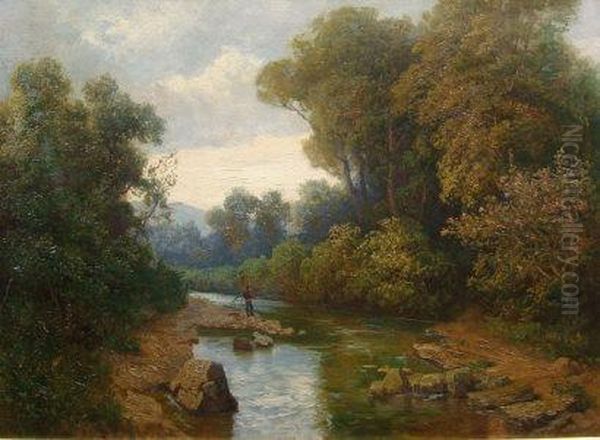 A Wooded River Landscape With A Man Fishing Off A Rocky Bank Oil Painting by Georg Holub