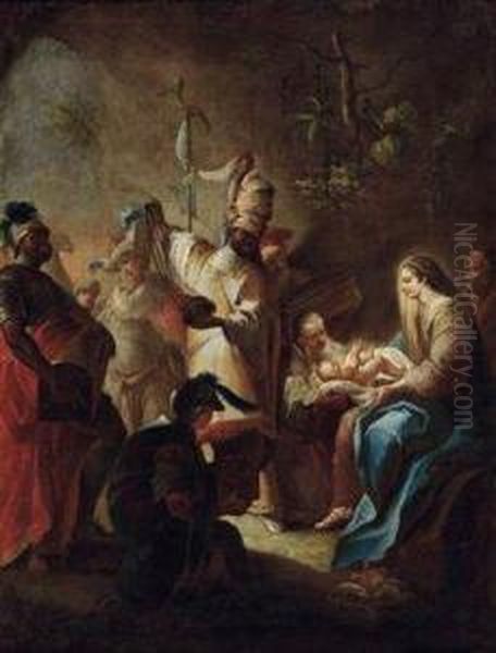 Die Heiligen Drei Konige Verehren Das Jesuskind Oil Painting by Johann Evangelist Holzer