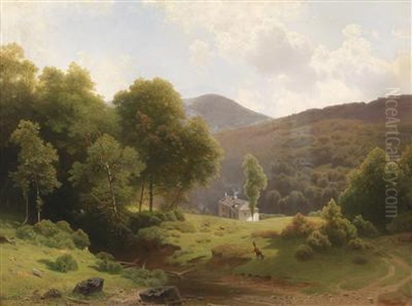 Landscape In Summer With Fleeing Fox Oil Painting by Joseph Holzer