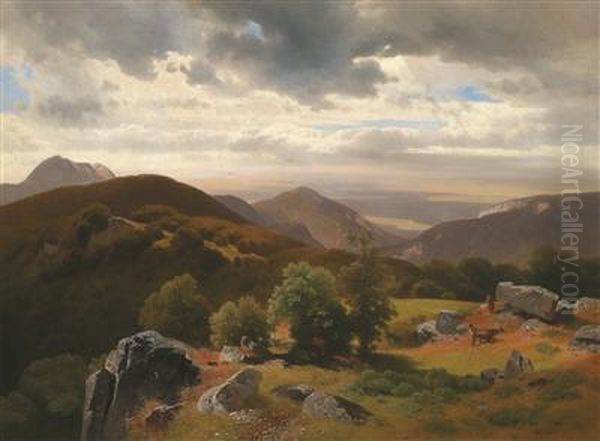 Open Landscape In The Mountains With Hunters Oil Painting by Joseph Holzer