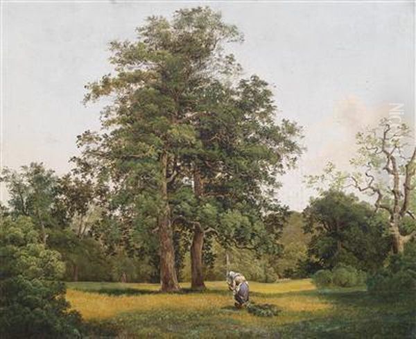 Attributed To A Wood Collector In The Clearing Oil Painting by Joseph Holzer