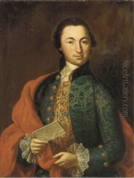 Portrait Of Josephus Casparus De Jaquemod, Aged Twenty-nine,half-length, In A Blue Brocade Coat, Gold-embroidered Waistcoat Andwhite Lace Shirt, A Letter In His Left Hand; And Portrait Of Mariaanna De Jaquemod, Aged Twenty-two, Half-length, In A Blue Dres Oil Painting by Andreas Holzl