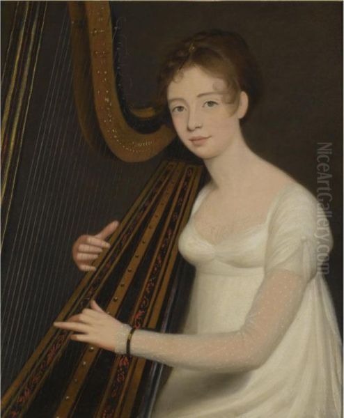 Portrait Of A Young Woman Playing The Harp Oil Painting by Robert Home