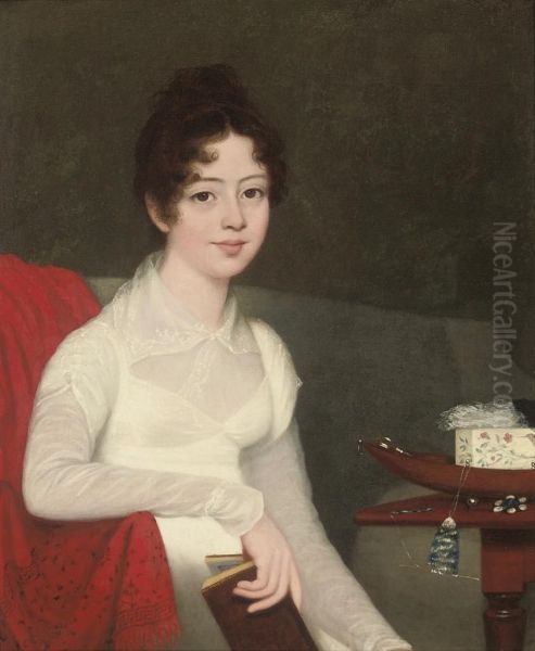 Portrait Of A Young Woman, Three-quarter-length, Seated In A Whitemuslin And Lace Dress, A Book In Her Right Hand, A Table Withneedlework To Her Left Oil Painting by Robert Home