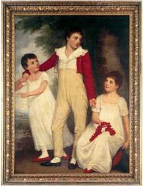 Portrait D'un Jeune Garcon En Rouge Et De Ses Deux Soeurs Oil Painting by Robert Home