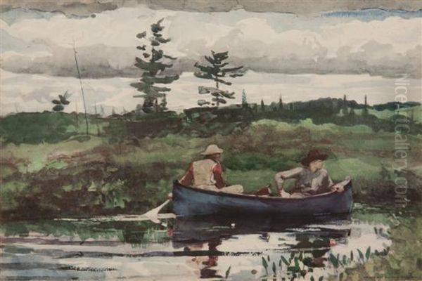 Men In Canoe/the Blue Boat Oil Painting by Winslow Homer