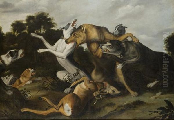 Scena Di Caccia Con Lupo Attaccato Da Cani Oil Painting by Abraham Hondius