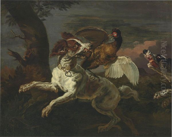 A Spaniel Attacking A Pheasant Oil Painting by Abraham Hondius