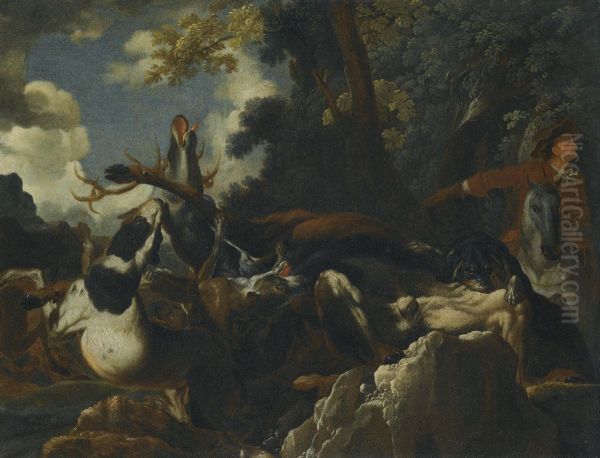 A Stag Hunt Oil Painting by Abraham Hondius