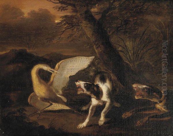 Hounds Attacking A Stork Oil Painting by Abraham Hondius