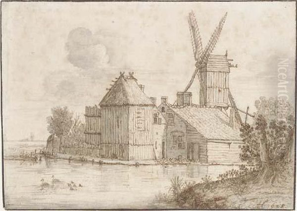 A Farmstead With A Windmill By A Pond Oil Painting by Hendrick I Hondius