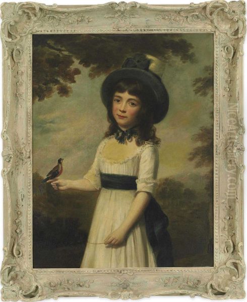 Portrait Of Miss Gardner, Three-quarter-length, In A White Dress With A Blue Sash And A Hat, A Bird On A String Perched On Her Right Hand, A Bird Cage To Her Side, In A Landscape Oil Painting by Nathaniel Hone