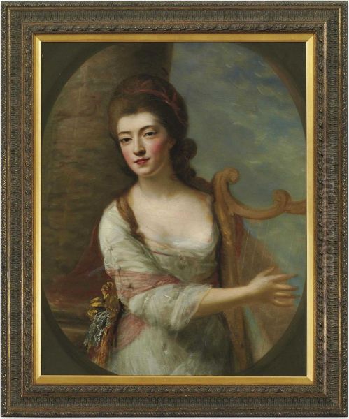 Portrait Of A Lady, Three-quarter-length, In A White Dress, Playing A Harp, Standing By A Column In A Landscape Oil Painting by Nathaniel Hone