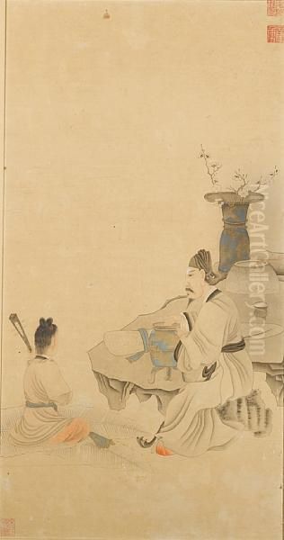 Seated Scholar And Attendant Oil Painting by Chen Hongshou