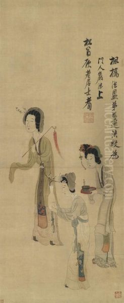 Lady With Attendants Oil Painting by Chen Hongshou