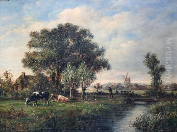 River Scene With Cattle Grazing And Atraveller On A Pathway Oil Painting by Johannes Matthijs Hoogbruin