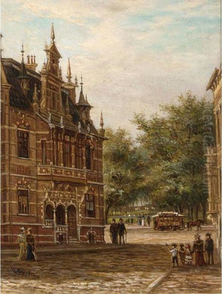 A Townview With Elegant Figures On A Street Oil Painting by Johannes Matthijs Hoogbruin