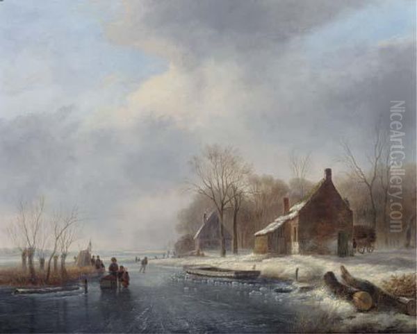 Figures Skating On A Frozen River Oil Painting by Johannes Matthijs Hoogbruin