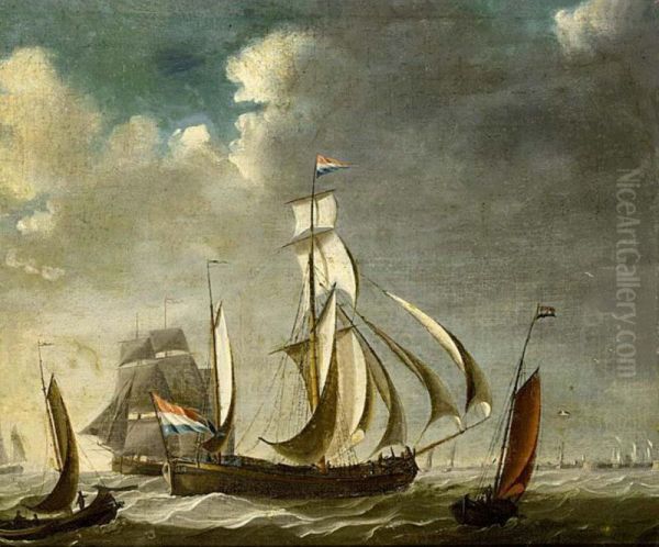 A Watership With A Small Kaag Alongside And Other Vessel Astern Oil Painting by Engel Hoogerheyden