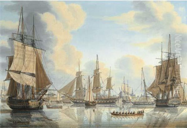 The Batavian Fleet Under Vice-admiral Carel Hendrik Verhuell Atflushing Oil Painting by Engel Hoogerheyden