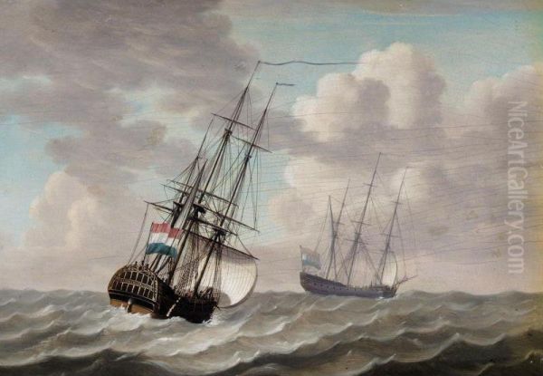 Dutch Men-o-war Under Sail In A Moderate Wind Oil Painting by Engel Hoogerheyden