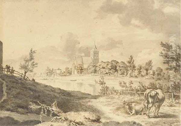 Un Paysage Fluvial Avec Une Eglise Dans Le Fond Et Deux Vaches Au Premier Plan Oil Painting by Hendrik Hoogers