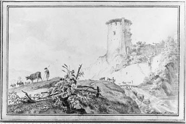 An Italianate Landscape With A Ruined Tower On A Hill Oil Painting by Hendrik Hoogers